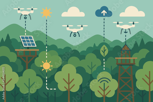 Eco-friendly drones flying over forest with solar-powered stations