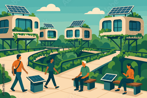 Eco-friendly community with solar homes and people on green walkways