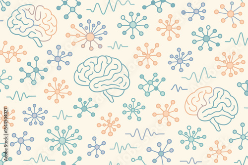 Seamless pattern of brain icons and neural network connections