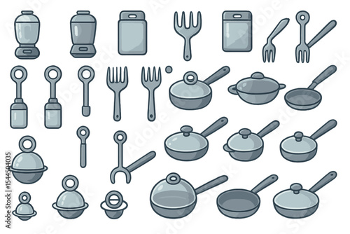 Hand-drawn kitchen utensils and cookware icon set