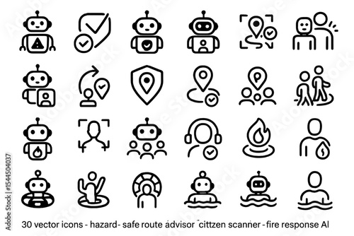 Minimal civic safety icons with bots, alerts, maps, and rescue tools