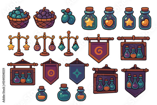 Colorful potion bottles, baskets of fruits, scales, and banners in a whimsical market