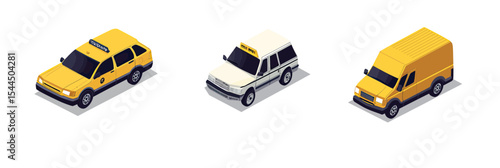 Isometric detailed yellow taxi sedan white taxi minivan and yellow delivery van icons with shadows and highlights isolated on white background
