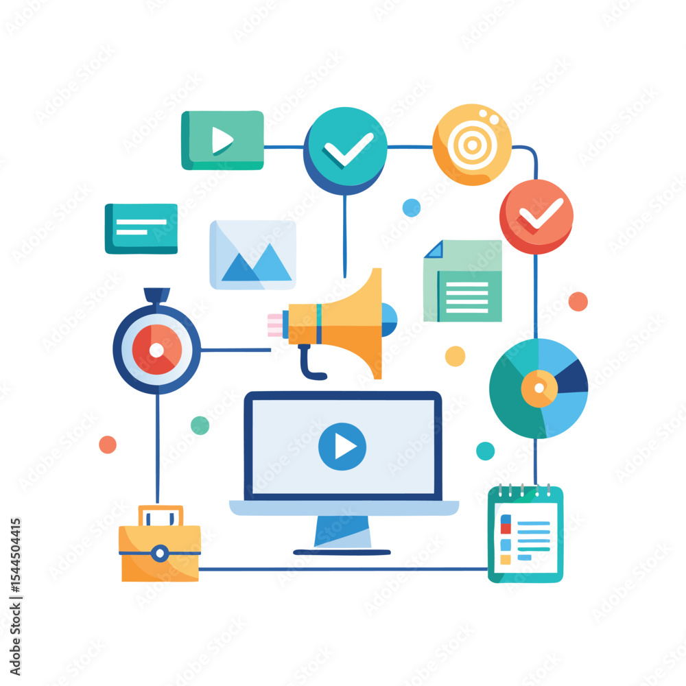Minimalist Digital Marketing Strategy Flowchart with Icons on White Background Minimalist Digital Marketing Strategy Flowchart with Icons on White Background