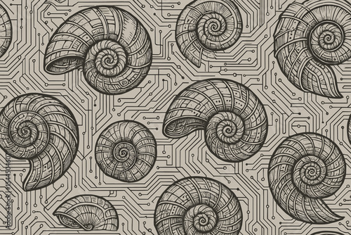 Hand-drawn spiral shells on a circuit board background
