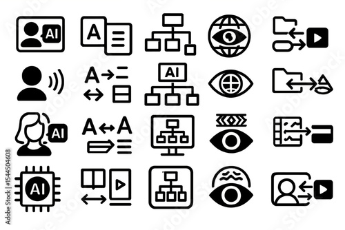 Black and white vector UI icons featuring AI, translation, and media
