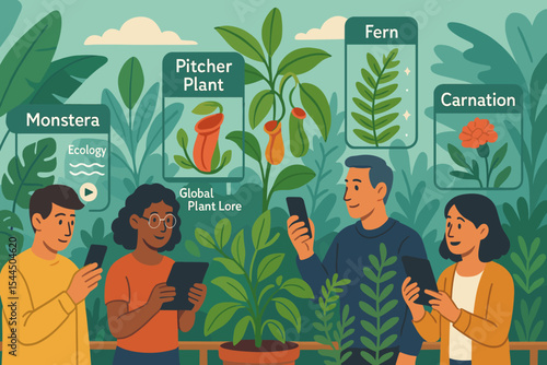 People studying exotic plants with mobile apps in jungle