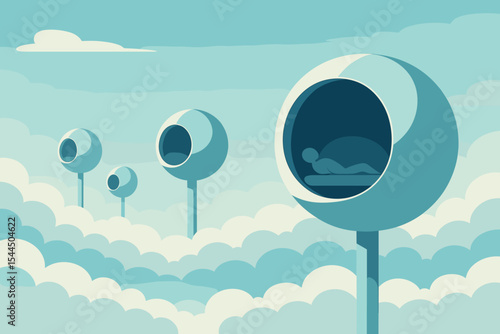 Minimalist sky pods with people resting above the clouds