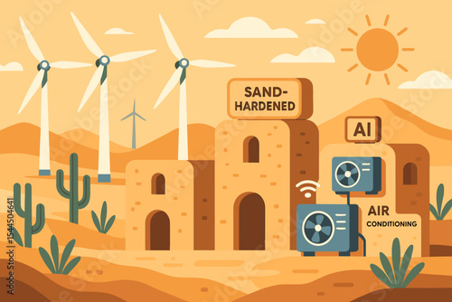 AI air-conditioned desert homes with wind turbines and sand-hardened walls