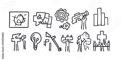 Hand drawn business strategy icons set including charts, presentations, gear, telescope, light bulb, teamwork and leadership concepts in doodle sketch style vector illustration