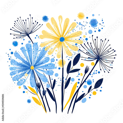 Abstract blue and yellow floral bouquet with dandelion seed heads and watercolor splashes on white background vector illustration flat design