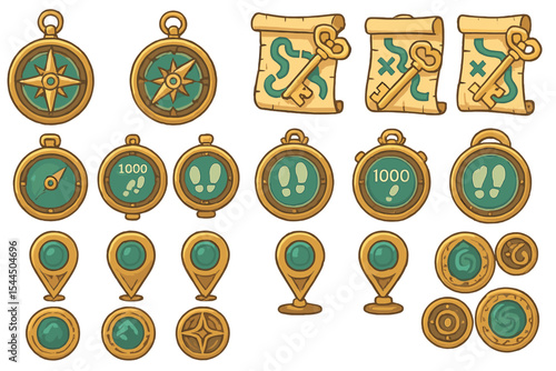 Adventure-themed icon set with compasses, scroll maps, footsteps, and location markers