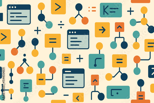 Seamless pattern of abstract coding symbols and logic diagrams in flat design