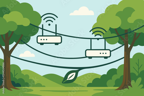 Wireless routers hanging on eco cables in a forest setting