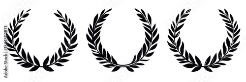 Set of three black laurel wreath silhouettes in minimalist flat vector style isolated on white background design elements for awards and decoration concepts