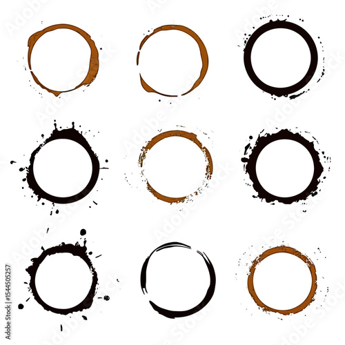 Set of nine coffee cup stain rings with splash marks and irregular edges in brown and black ink isolated on white background vector illustration for drink or beverage designs
