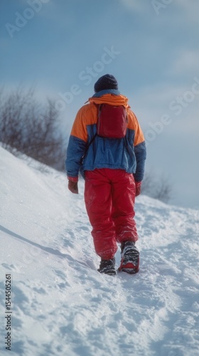 Wallpaper Mural A solitary figure treks snowy trails, vibrant gear echoing colorful Festivus vibes amidst the stark winter quietude Torontodigital.ca