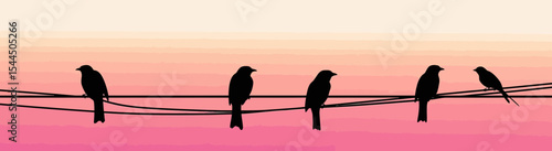Silhouettes of five birds perched on intersecting electric wires with pastel pink and orange gradient sky background minimalist vector design