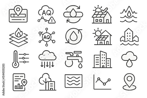 Set of eco-urban vector icons focused on environmental and urban monitoring.