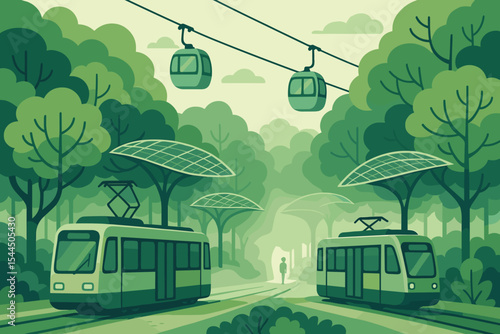A sustainable, eco-friendly city scene with green trams, solar-powered leaf-shaped trees, and cable cars, set against a lush, clean environment.