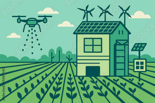 Futuristic smart farm with drone irrigation, solar panels, and wind turbines