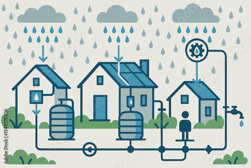 Illustration of homes with solar panels and rainwater harvesting systems, equipped with water tanks and smart controls for efficient water usage and management.