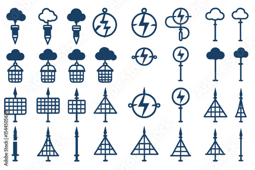 Collection of blue icons representing storm harness systems, including cloud collection, energy flow indicators, and storm management tools for monitoring electrical activity.