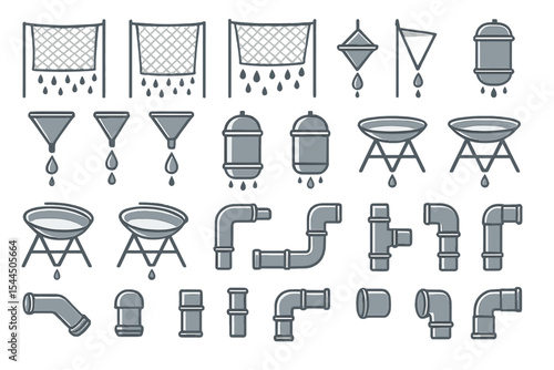 Set of gray-toned icons for water collection and filtration, including funnels, filters, containers, pipes, and plumbing equipment.