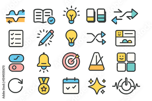 Set of colorful icons representing productivity, notifications, time management, and goals.