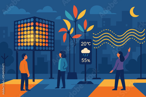 Futuristic urban park featuring an interactive LED display, smart trees, and a digital weather station with live climate data, offering an immersive experience in a modern cityscape.