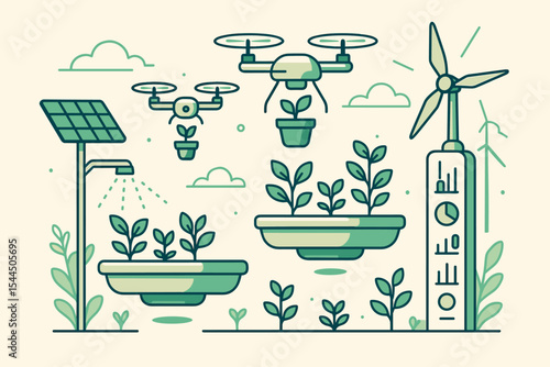 Eco-friendly farming technology with drones, solar panels, wind turbines, automated watering systems, and plants growing.