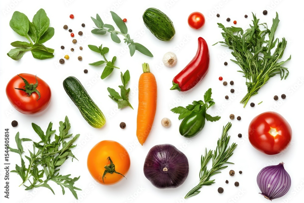 Vegetables Paired with Fresh Herbs Isolated on White Background, Depth of Field