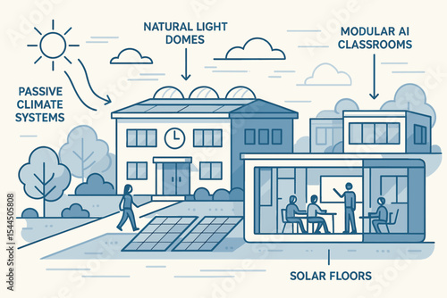 Modern eco-school illustration with solar floors, AI classrooms, and passive design