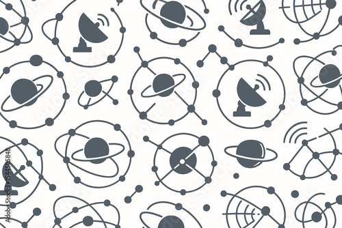 Seamless pattern of satellite dishes and planetary orbit illustrations.