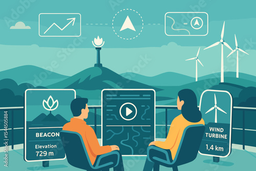 People viewing smart info displays at eco-tech scenic lookout