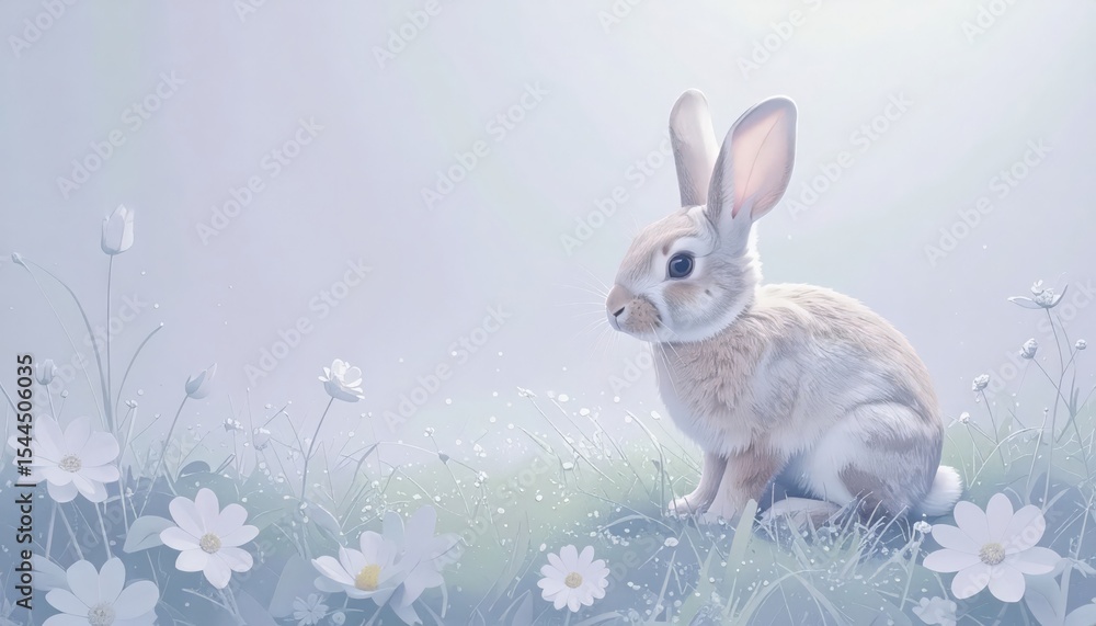 Obraz premium A fluffy bunny sits among delicate white flowers in a softly lit, ethereal spring meadow scene.