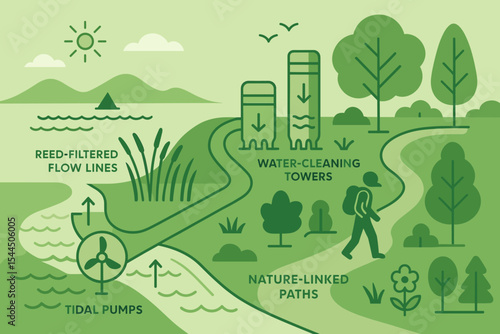 Eco wetlands flow system with tidal pumps and water-cleaning towers