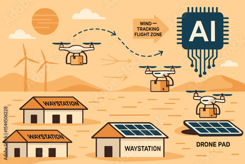 AI drone delivery network with solar-powered waystations in desert