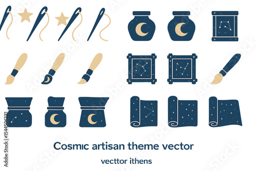 Cosmic artisan tools with stars, moons, and constellation motifs
