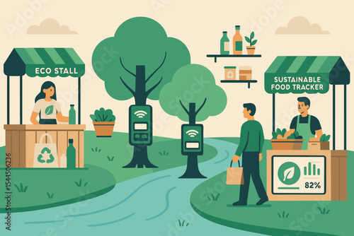 Eco market scene with food tracker and contactless payments