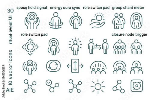Minimal ritual UI icons with group sync, energy fields, and role signals