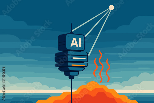 Futuristic illustration of AI technology with a satellite and a volcanic eruption beneath, emitting heat waves.
