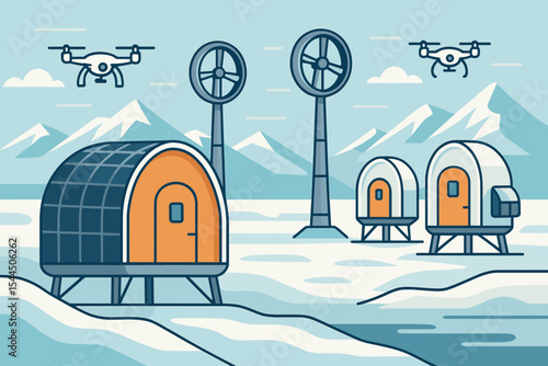 Futuristic snowy landscape with eco-friendly pods, wind turbines, and drones.