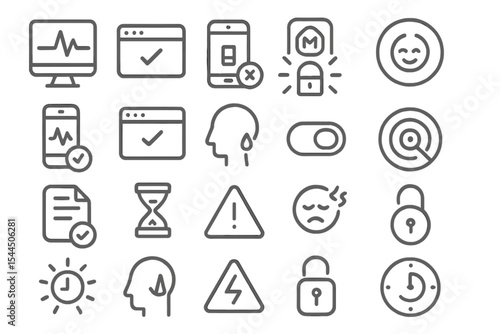 Set of vector icons representing notifications, security, health, alerts, and time management.