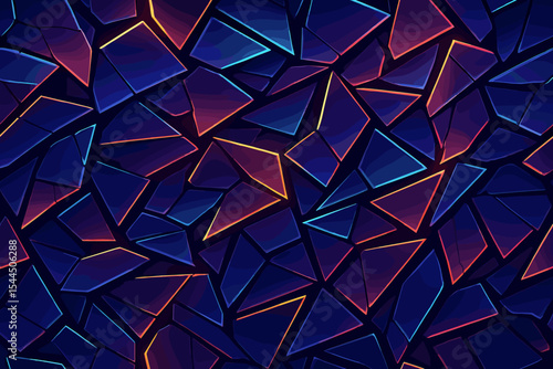 Abstract pattern of shattered geometric shapes with vibrant, glowing edges in blue, purple, and orange.