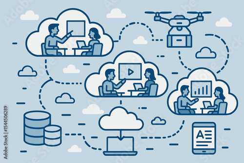 Cloud-based e-learning concept with virtual classrooms and drone delivery