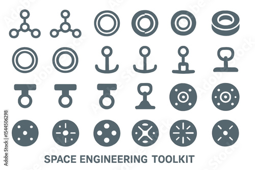 Outlined space engineering toolkit icons with anchors and disks