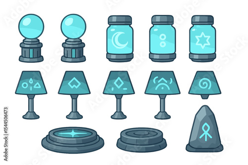 Set of mystical and enchanted icons, featuring glowing crystal balls, magical jars, rune-inscribed lamps, energy symbols, and arcane stones.