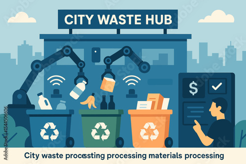 Illustration of a city waste processing hub with robotic sorting and citizen rewards.