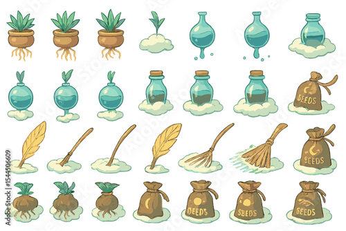 Fantasy farming icon set with cloud planters, seeds, and magic tools